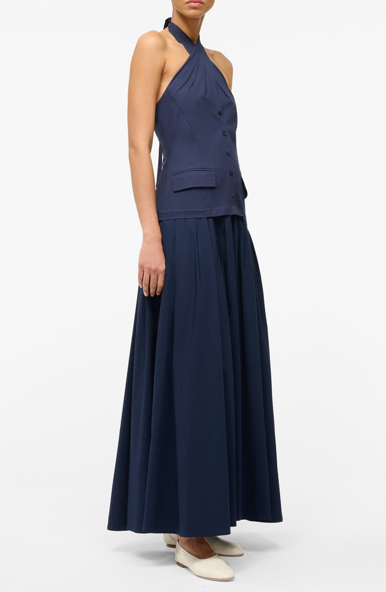 STAUD Harrington Stretch Cotton Halter Maxi Dress, Alternate, color, Navy