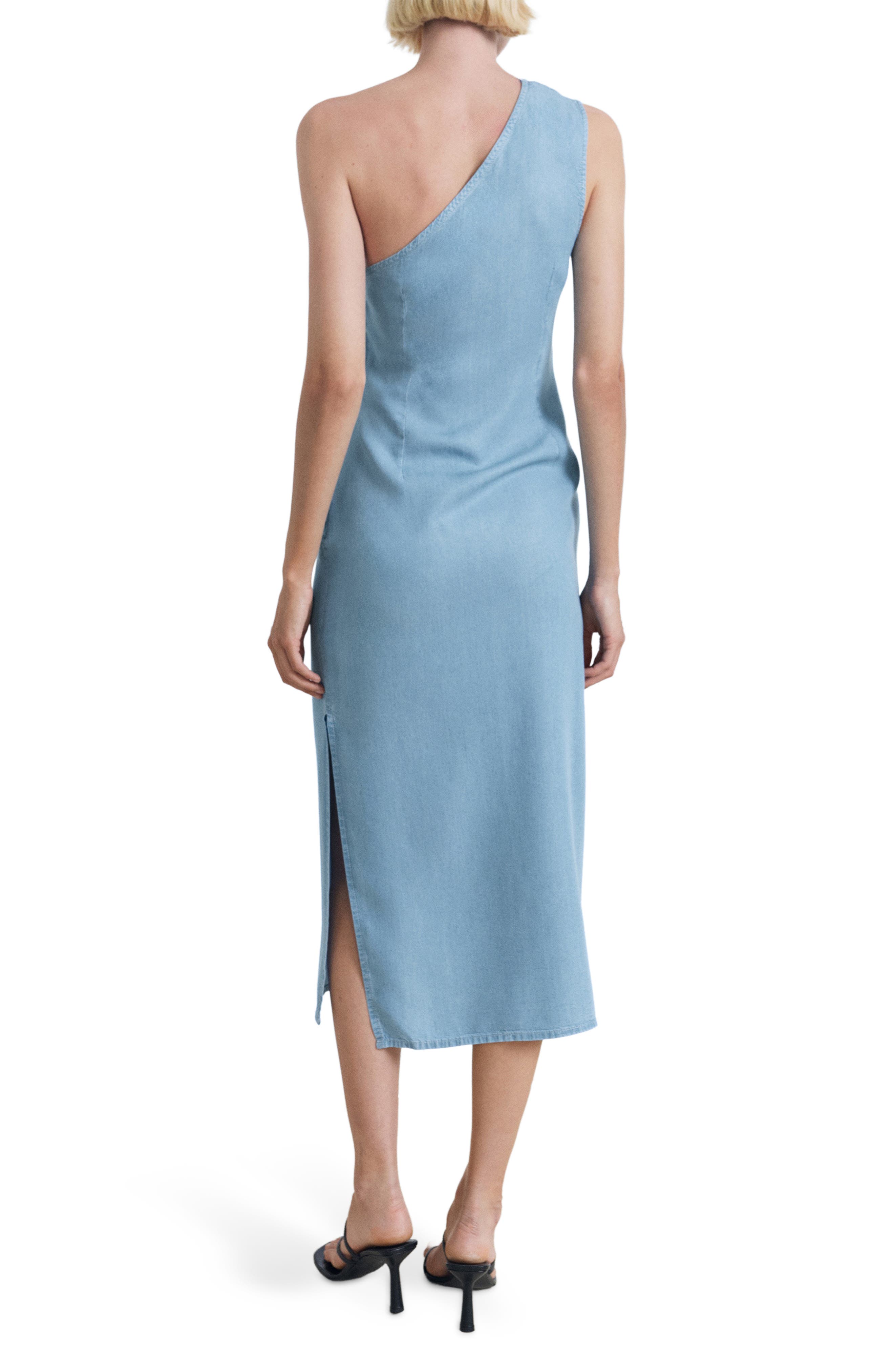 Pleated One-Shoulder Chambray Dress - image 2