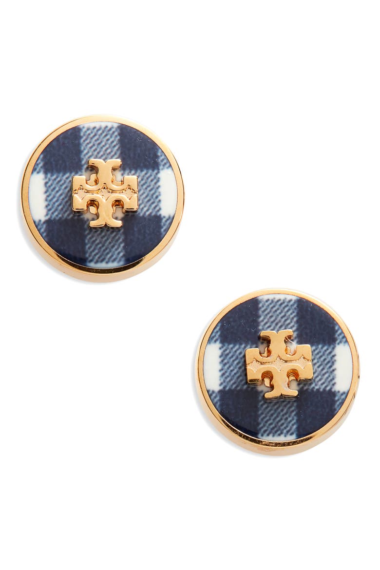 Kira Circle Stud Earrings, Main, color, TORY GOLD / BLACK GINGHAM