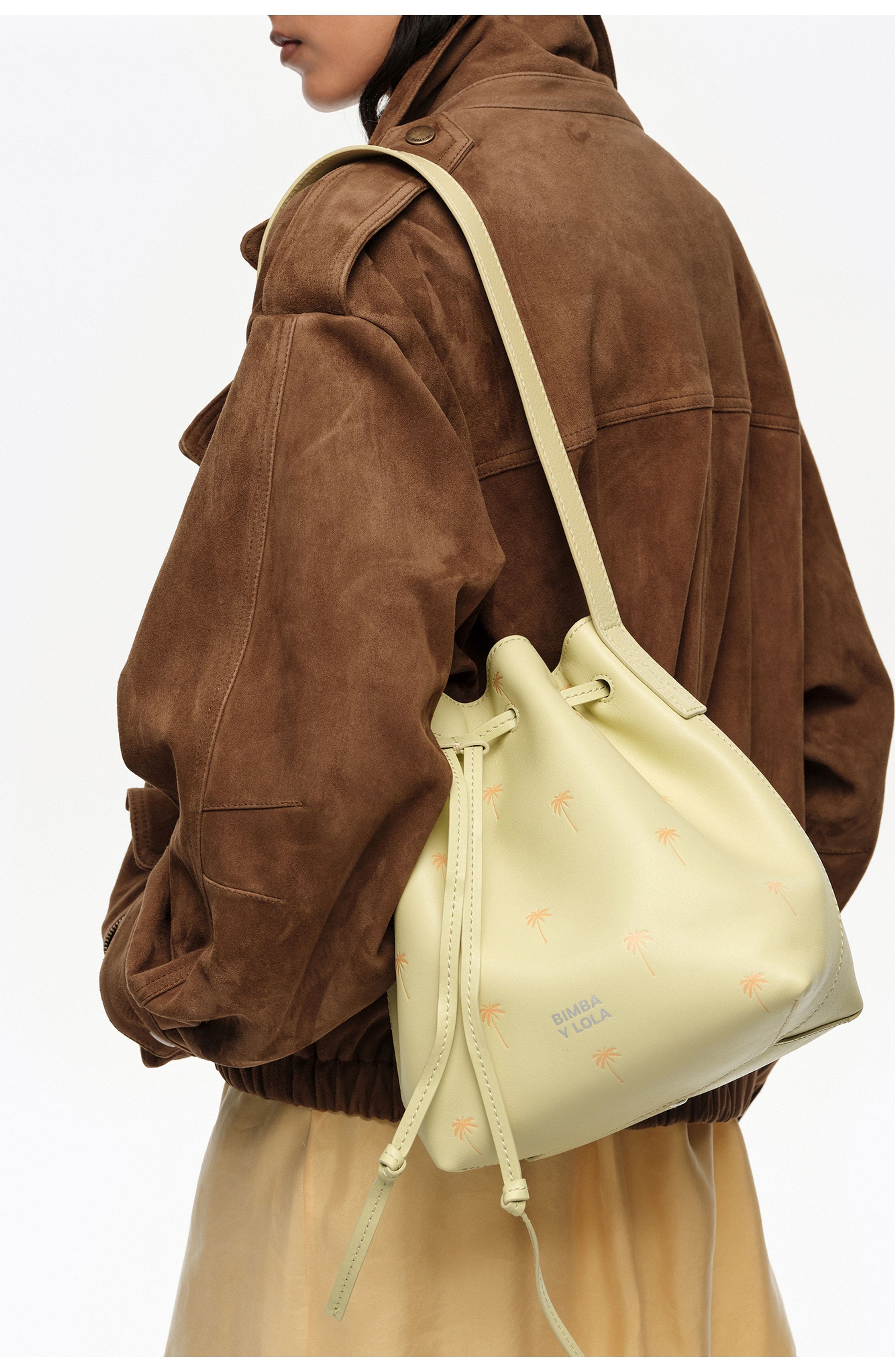 Large Palms Print Leather Carlino Bucket bag, Alternate, color, PALE GREEN