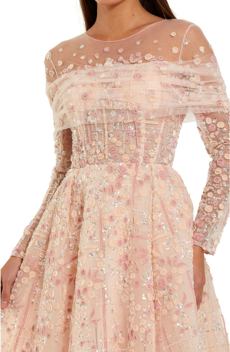 Mac Duggal Illusion Neck Long Sleeve Embroidered Ballgown, Alternate, color, Rose