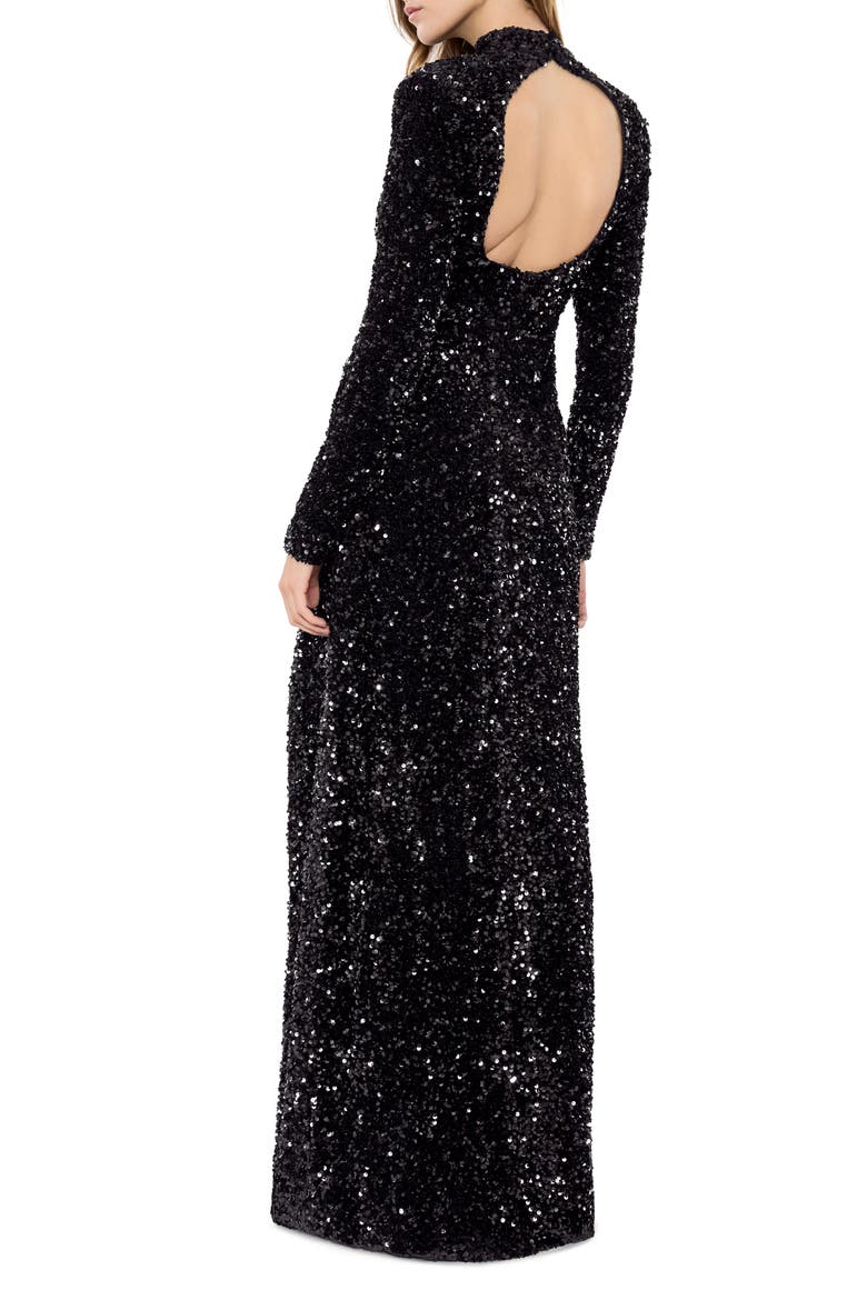 Kerry Sequin Cutout Long Sleeve Gown, Alternate, color, BLACK