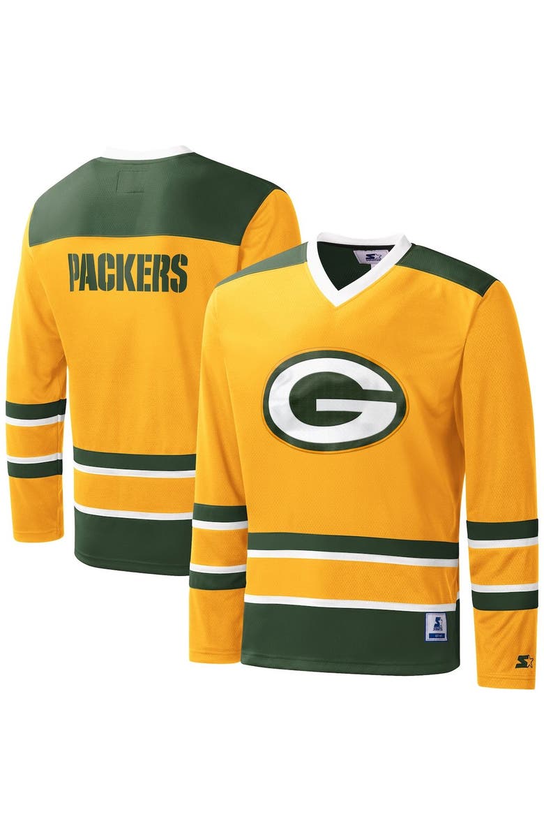 STARTER Men's Starter Gold Green Bay Packers Cross-Check V-Neck Long Sleeve T-Shirt, Main, color, Gold
