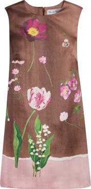 Oscar de la Renta Mixed Botanical Satin Shift Minidress
