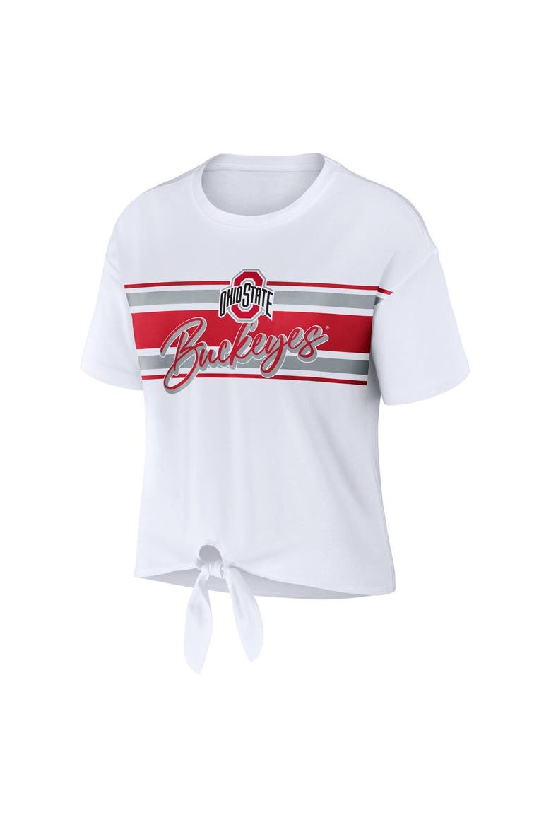 Women's WEAR by Erin Andrews White Ohio State Buckeyes Striped Front Knot Cropped T-Shirt, Alternate, color, White