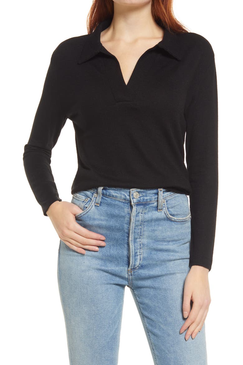 Long Sleeve Knit Polo, Main, color, BLACK