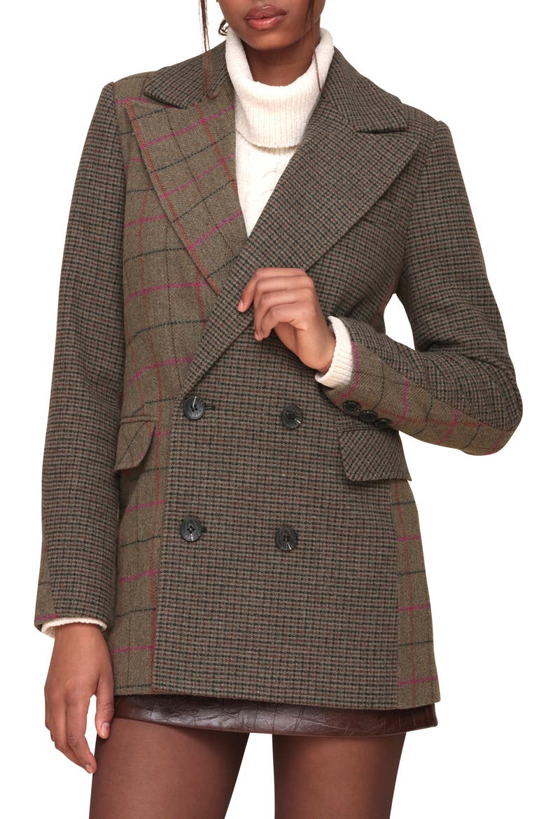 Patchwork Double Breasted Blazer, Main, color, OLIVE PLAID MIX