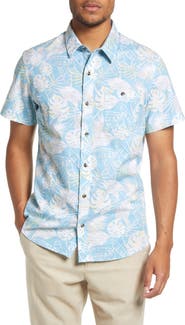 TravisMathew Men's Lift a Glass Leaf Print Stretch Short Sleeve Button-Up Shirt