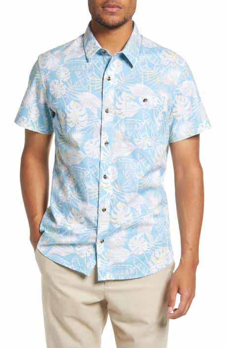 TravisMathew Men's Lift a Glass Leaf Print Stretch Short Sleeve Button-Up Shirt
