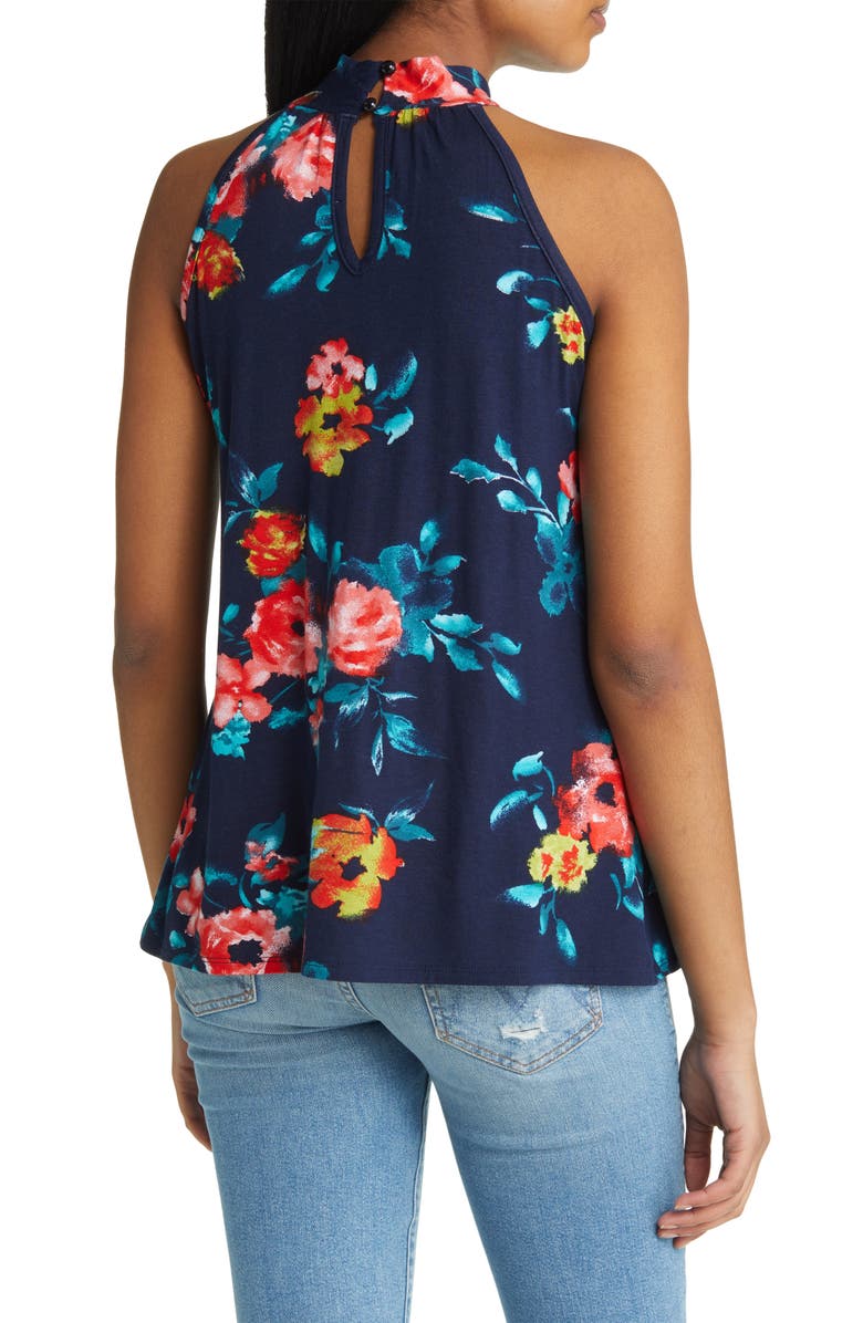 Loveappella Floral Cutout Mock Neck Halter Top, Alternate, color, Navy/ Coral