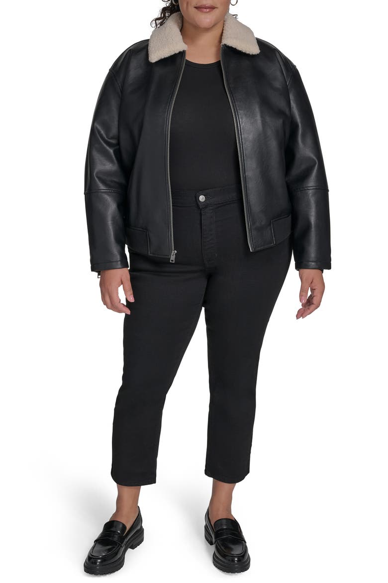Faux Leather Bomber Jacket with Faux Shearling Collar, Alternate, color, BLACK