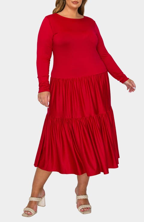 Eliana Long Sleeve Tiered Midi Dress (Plus)