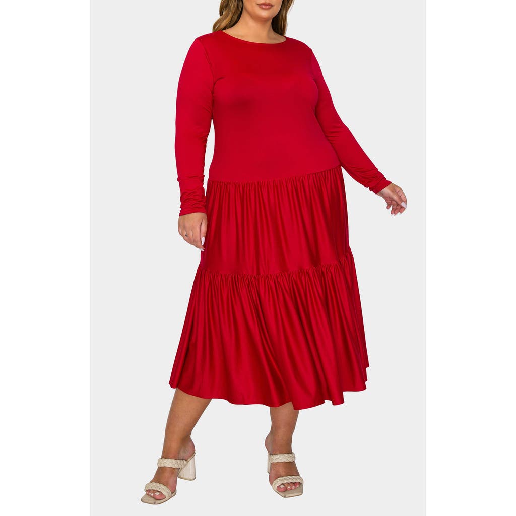 L I V D Eliana Long Sleeve Tiered Midi Dress In Red