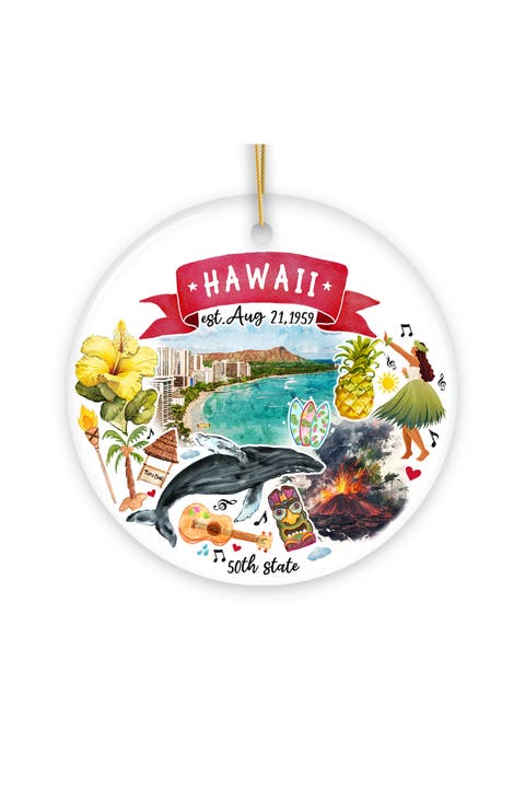 Hawaii Watercolor Landmarks Ceramic Ornament