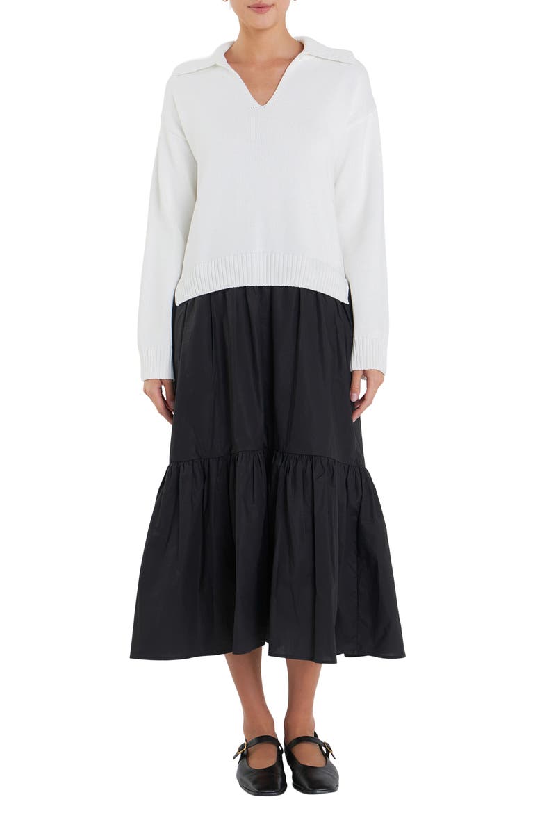 Mixed Media Long Sleeve Sweater Midi Dress, Main, color, IVORY
