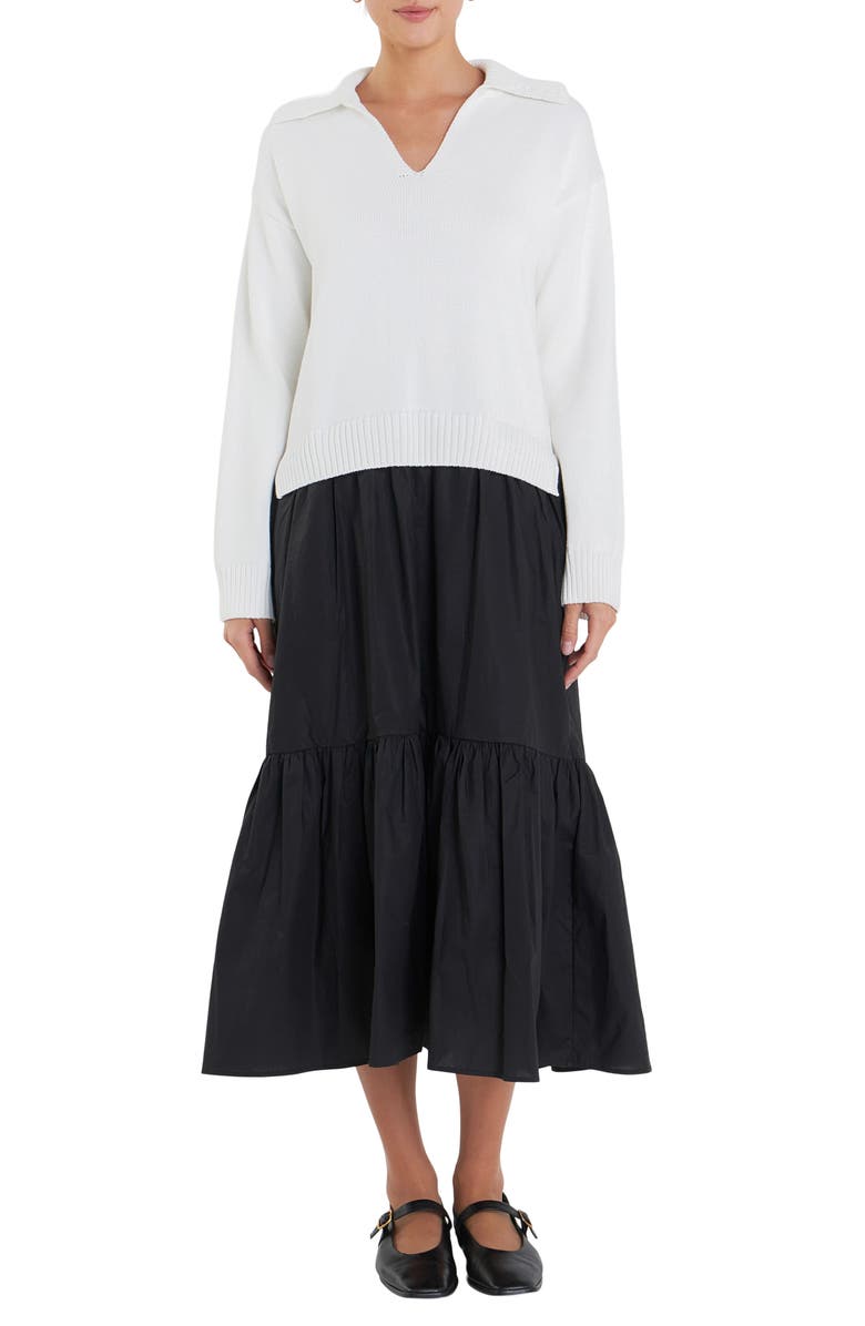 English Factory Mixed Media Long Sleeve Sweater Midi Dress, Main, color, 