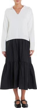 English Factory Mixed Media Long Sleeve Sweater Midi Dress