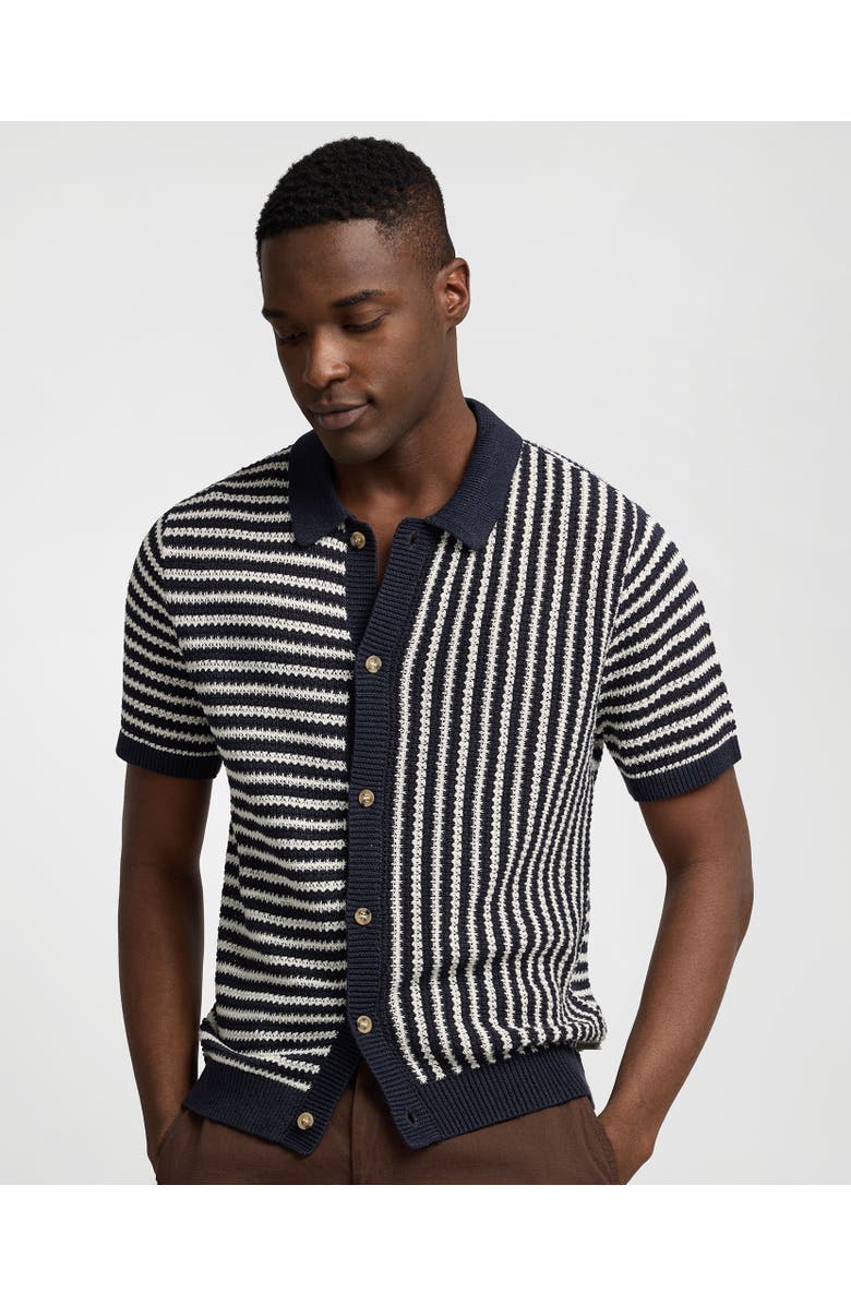 Onia Knit Linen Button Up Short Sleeve, Main, color, Midnight/Egret