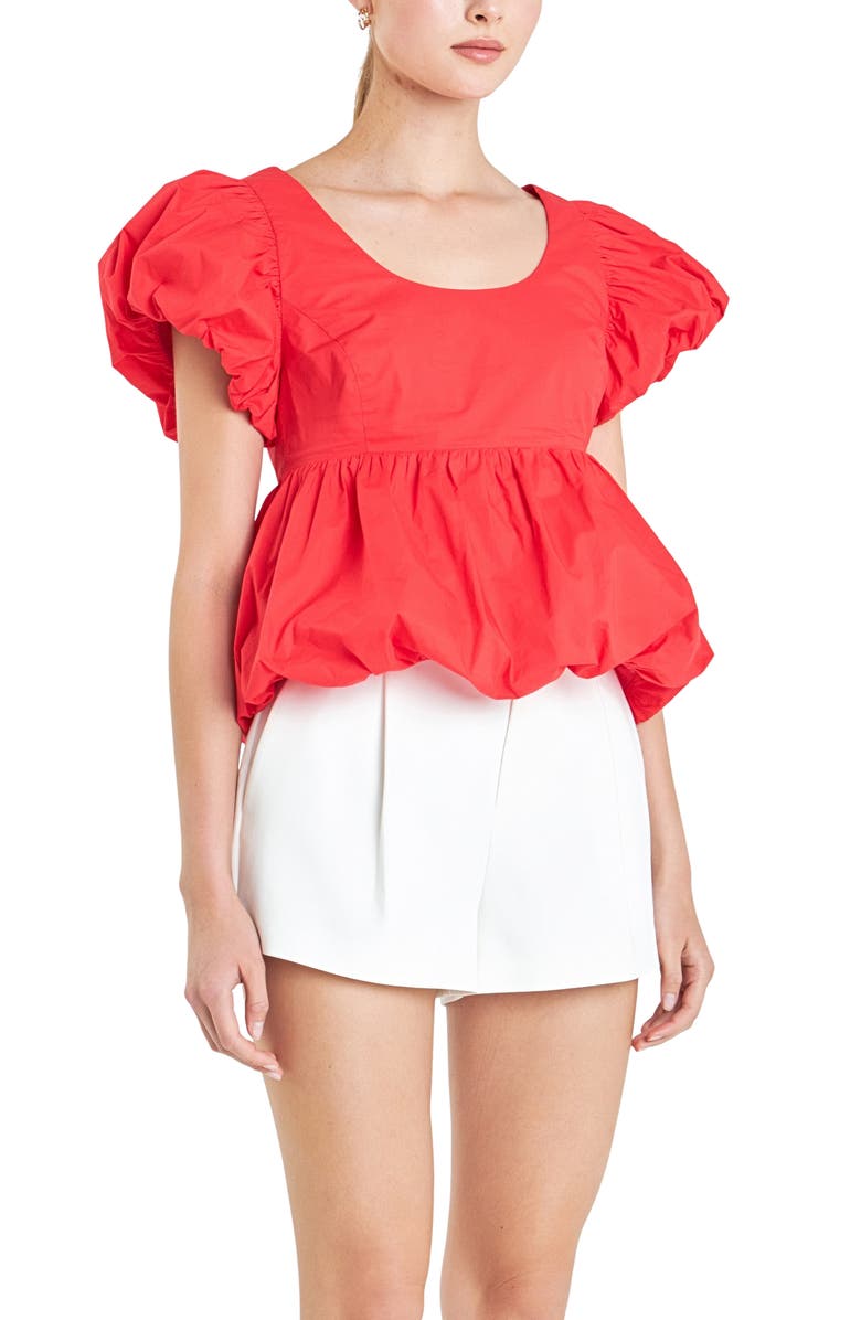 English Factory Bubble Hem Puff Sleeve Top, Alternate, color, Red