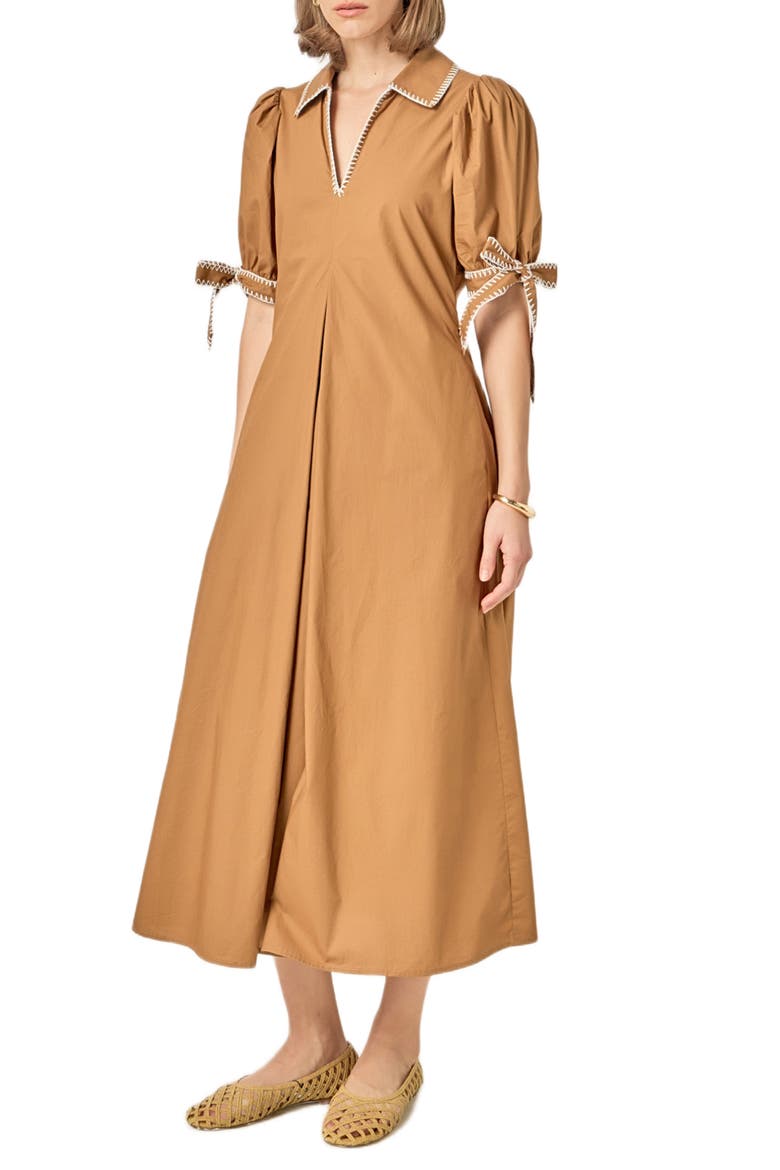 Contrast Stitch A-Line Midi Dress, Alternate, color, BROWN
