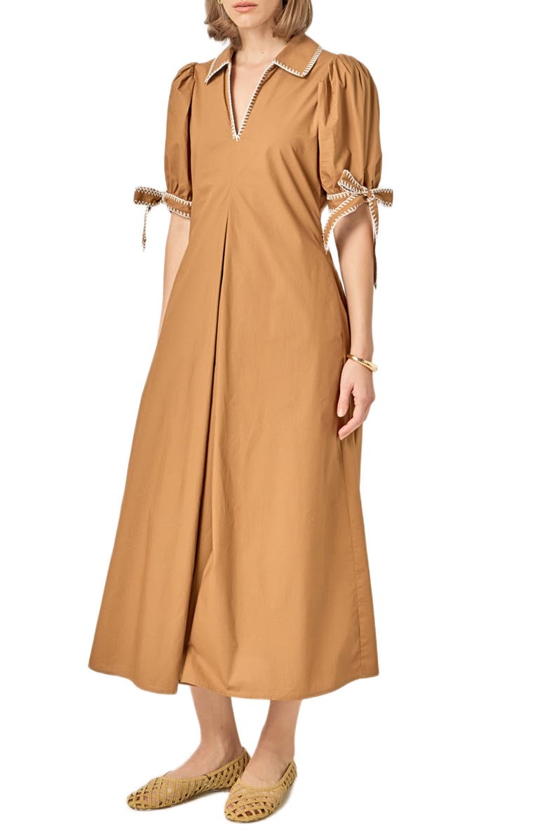 English Factory Contrast Stitch A-Line Midi Dress, Alternate, color, Brown