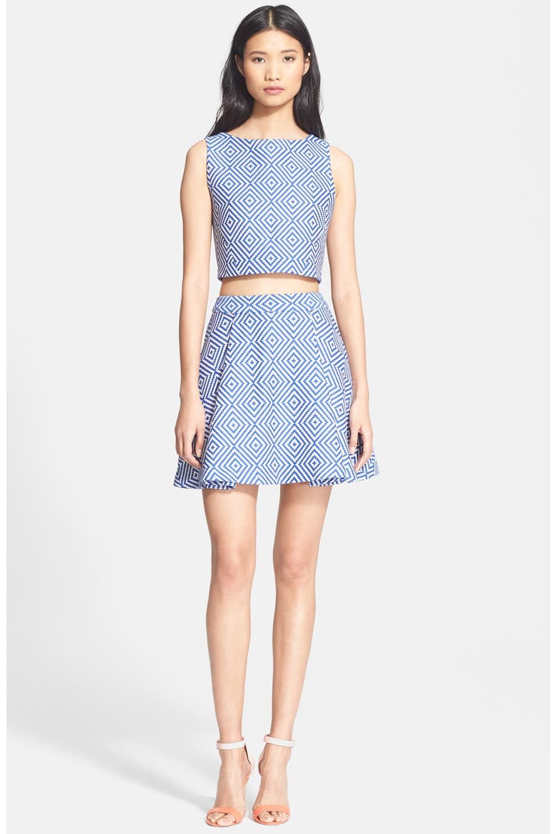 Piece & Co. and Alice + Olivia 'Vernon' Jacquard Flared Skirt, Alternate, color, BLUE/ WHITE