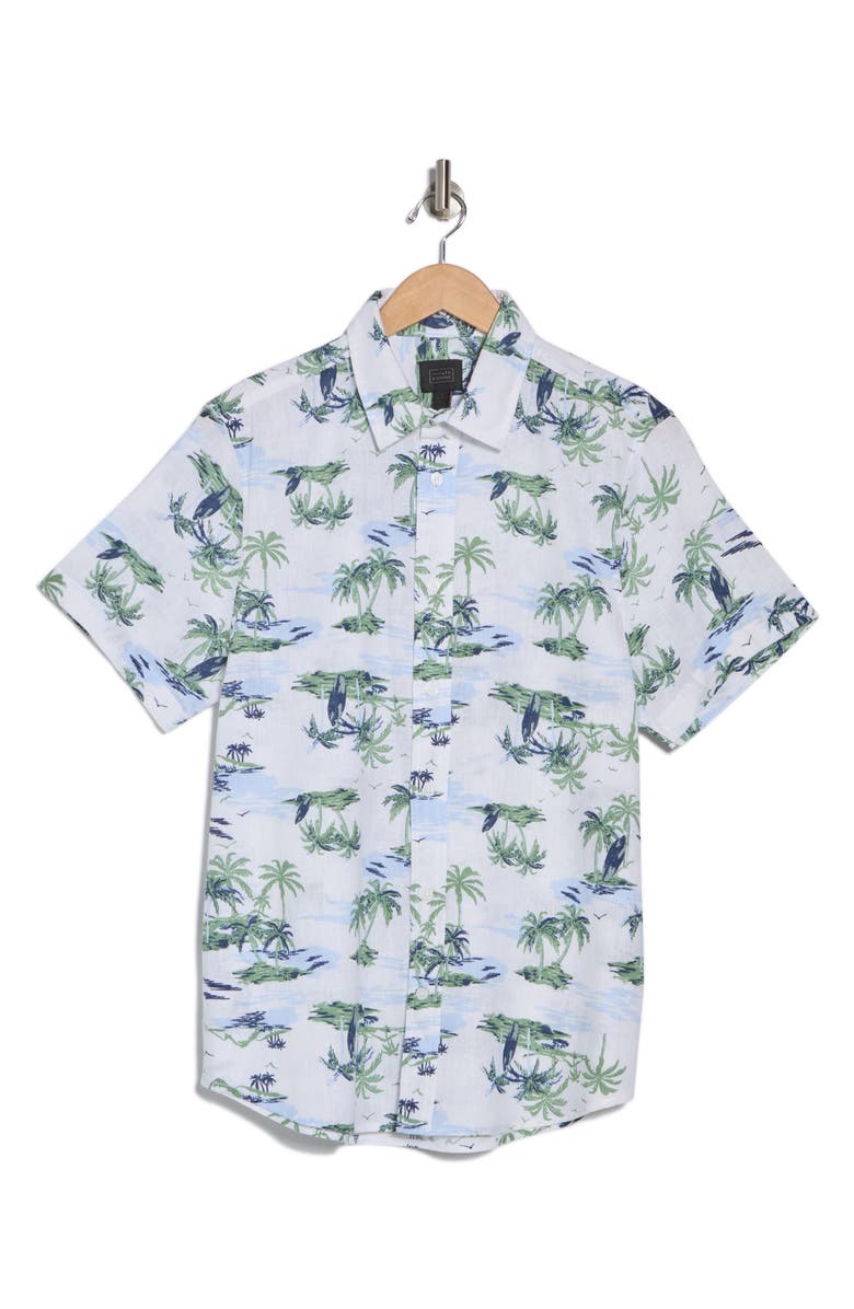 14th & Union Short Sleeve Linen & Cotton Button-Up Shirt, Alternate, color, White Palm And Surf
