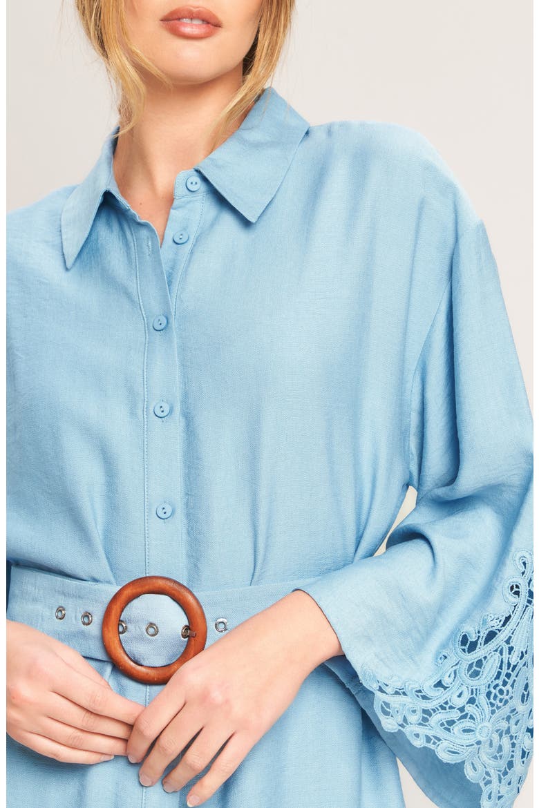 Lace Panel Long Sleeve Belted Shirtdress, Alternate, color, LIGHT BLUE
