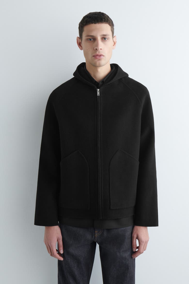 Double-Faced Wool Zip-Up Hoodie, Alternate, color, BLACK