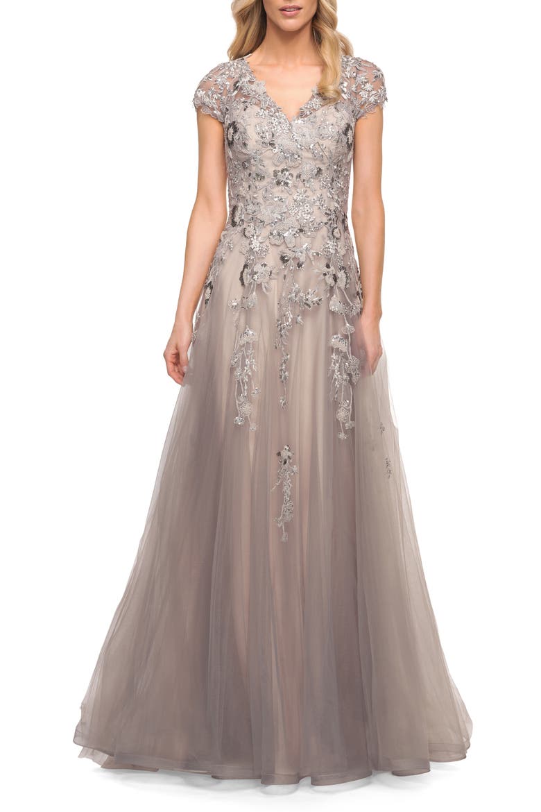 Beaded Lace A-line Gown with Short Sleeves, Alternate, color, Silver/Pink