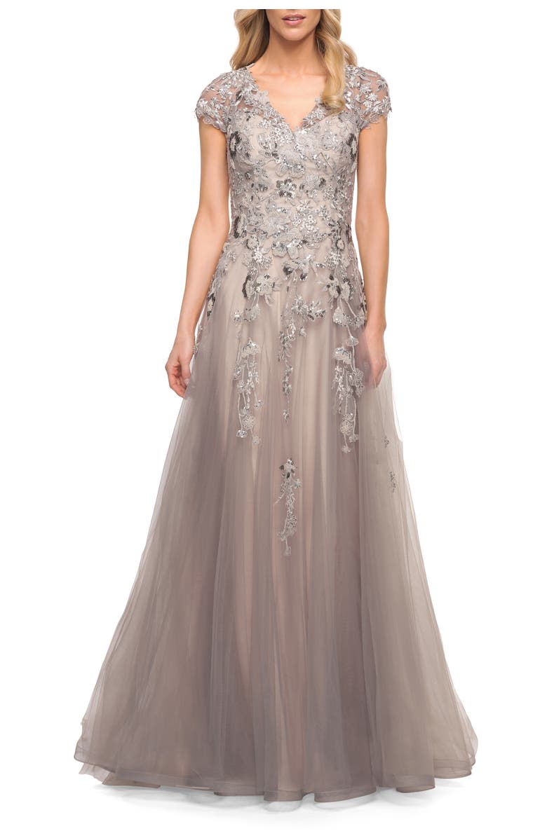 La Femme Beaded Lace A-line Gown with Short Sleeves, Alternate, color, Silver/Pink