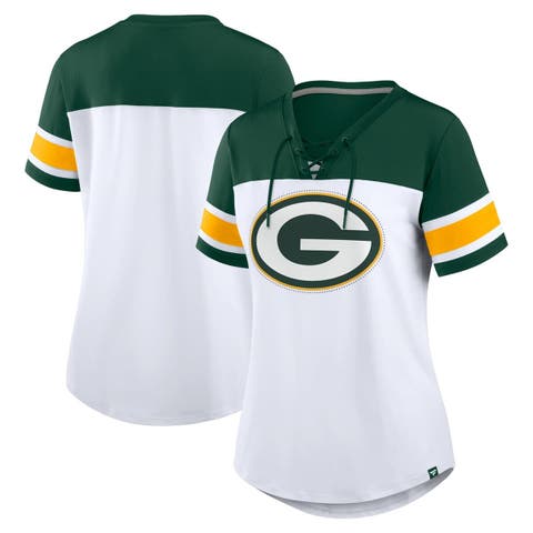 Women's Fanatics White/Green Green Bay Packers Athena Rhinestone Lace-Up V-Neck T-Shirt
