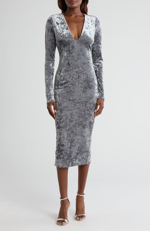 Plunge Neck Long Sleeve Velvet Midi Dress (Regular & Plus)