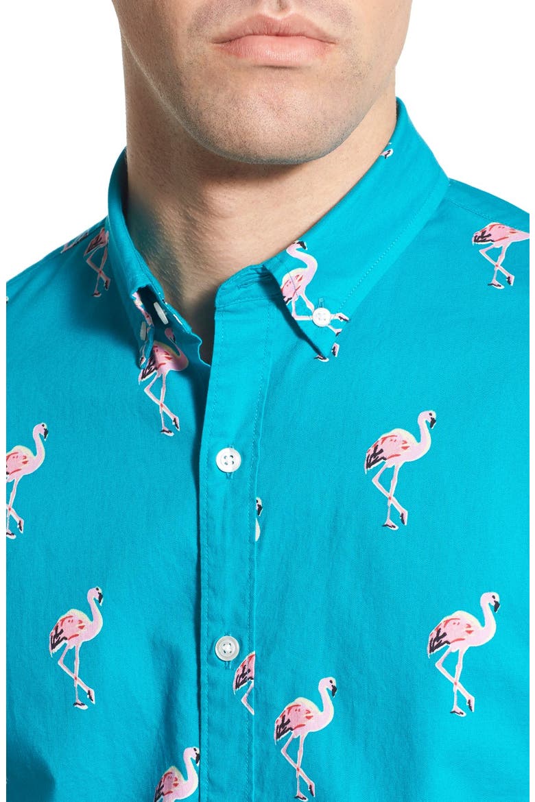 'Flamingo Stand' Slim Fit Short Sleeve Sport Shirt, Alternate, color, LANAI TURQ