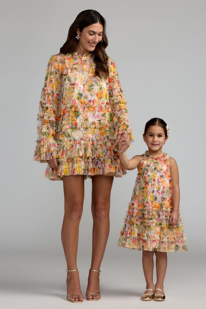 Girls Mesh Floral Print A-Line Dress, Alternate, color, Multi