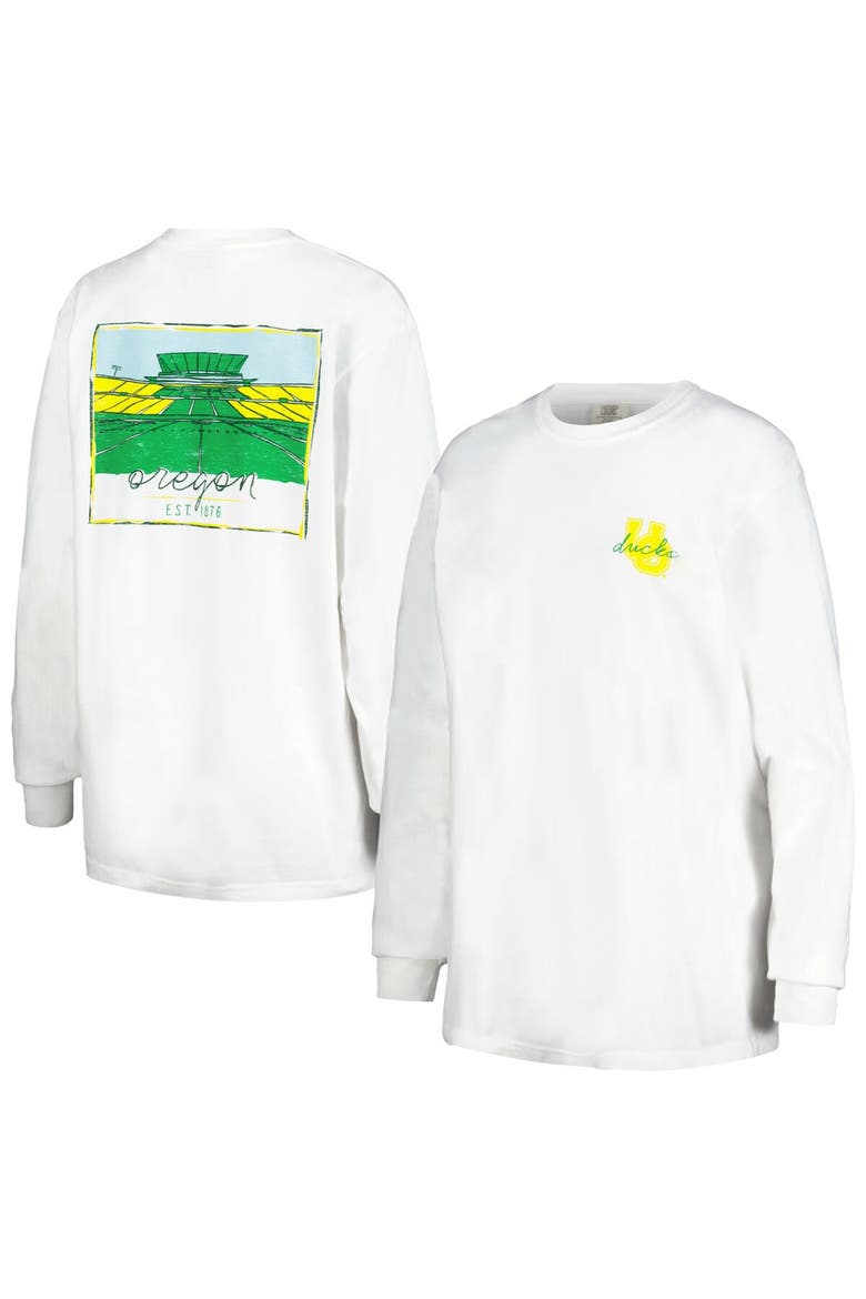 Women's White Oregon Ducks Hand-Drawn Stadium Comfort Colors Oversized Long Sleeve T-Shirt, Main, color, White