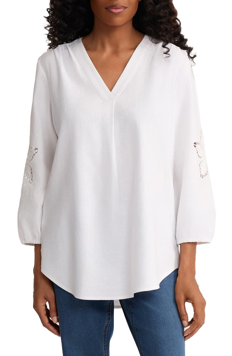 Jones New York Embroidered Pleat Front Tunic, Main, color, Natural White