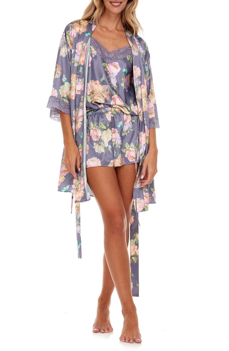 Flora Nikrooz Sabrina Floral Print Satin Short Pajamas & Robe Set, Alternate, color, 