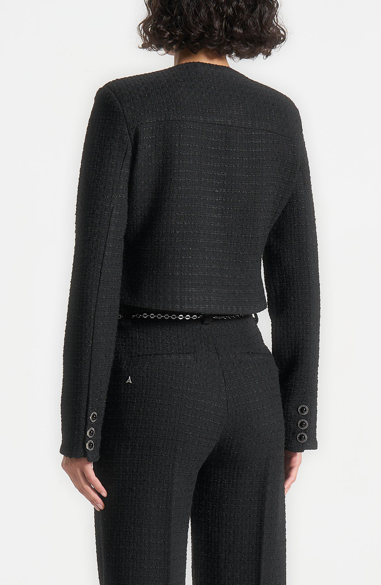 Manière De Voir Celine Cropped Tweed Jacket with Pearls, Alternate, color, Black