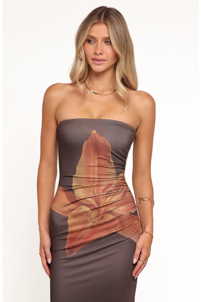 Ginny Floral Print Ruched Strapless Maxi Dress, Alternate, color, BROWN