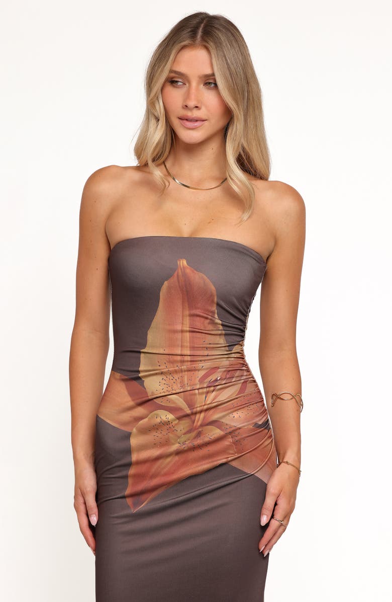 Petal & Pup Ginny Floral Print Ruched Strapless Maxi Dress, Alternate, color, Brown