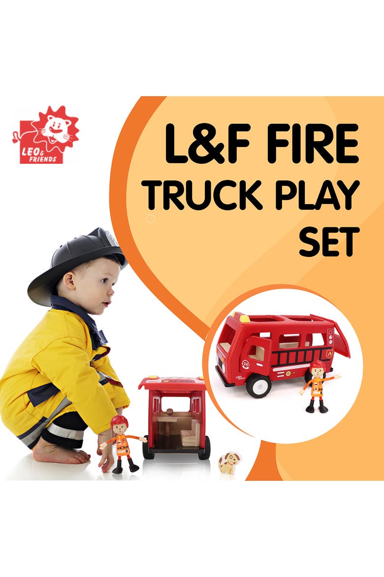 Fire Truck Play Set, 3-Piece Wooden Play Kit with Fire Truck, Firefighter, and Dog Included, Alternate, color, Red