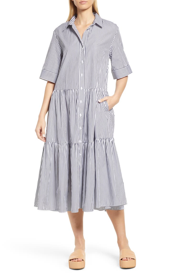 Women's Tiered Shirtdress, Main, color, WHITE- NAVY SAMBA STRIPE