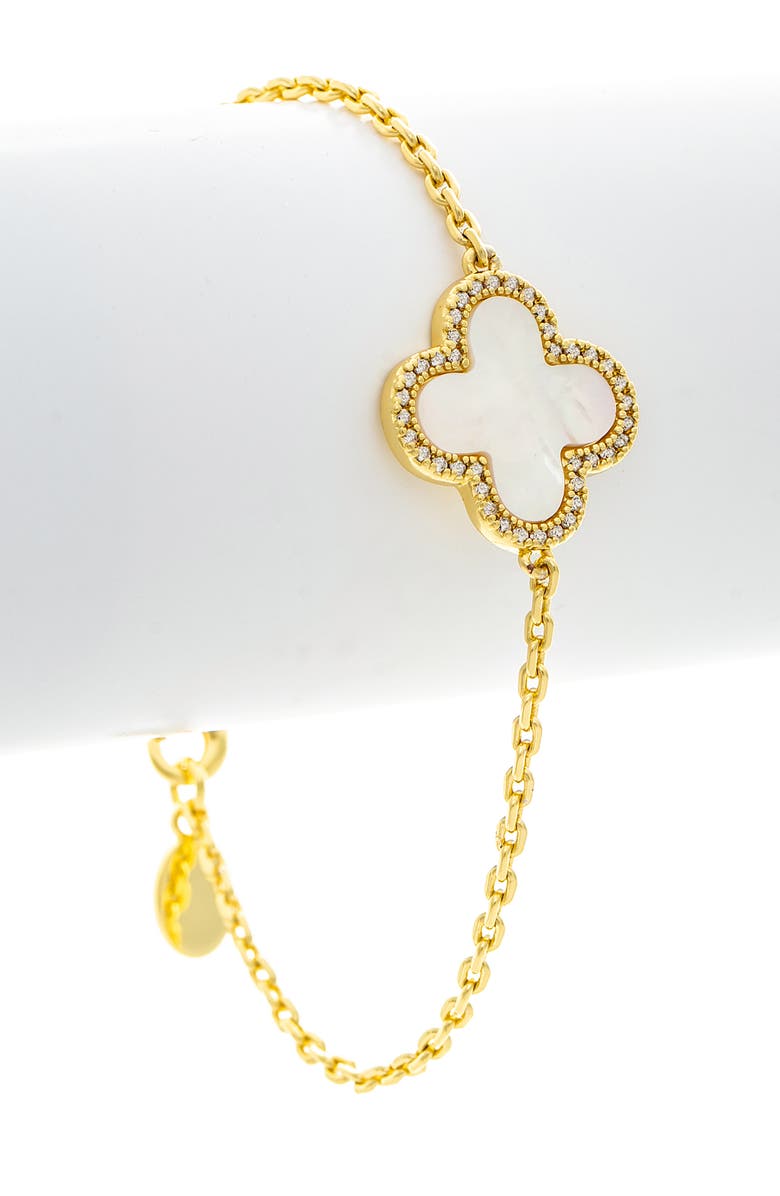 RIVKA FRIEDMAN 18K Gold Clad Pavé CZ Clover Charm Bracelet, Alternate, color, Mother Of Pearl / Cz