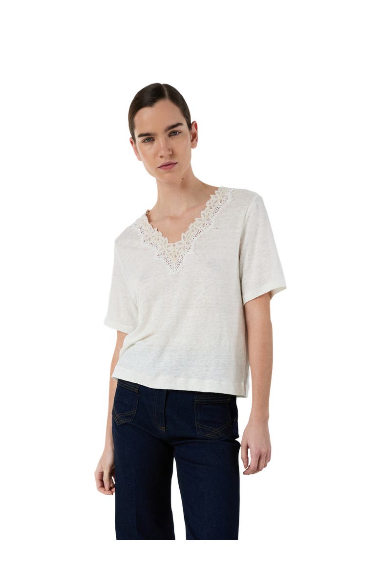 Maevanelle Embroidered V-Neck T-Shirt, Main, color, Ecru