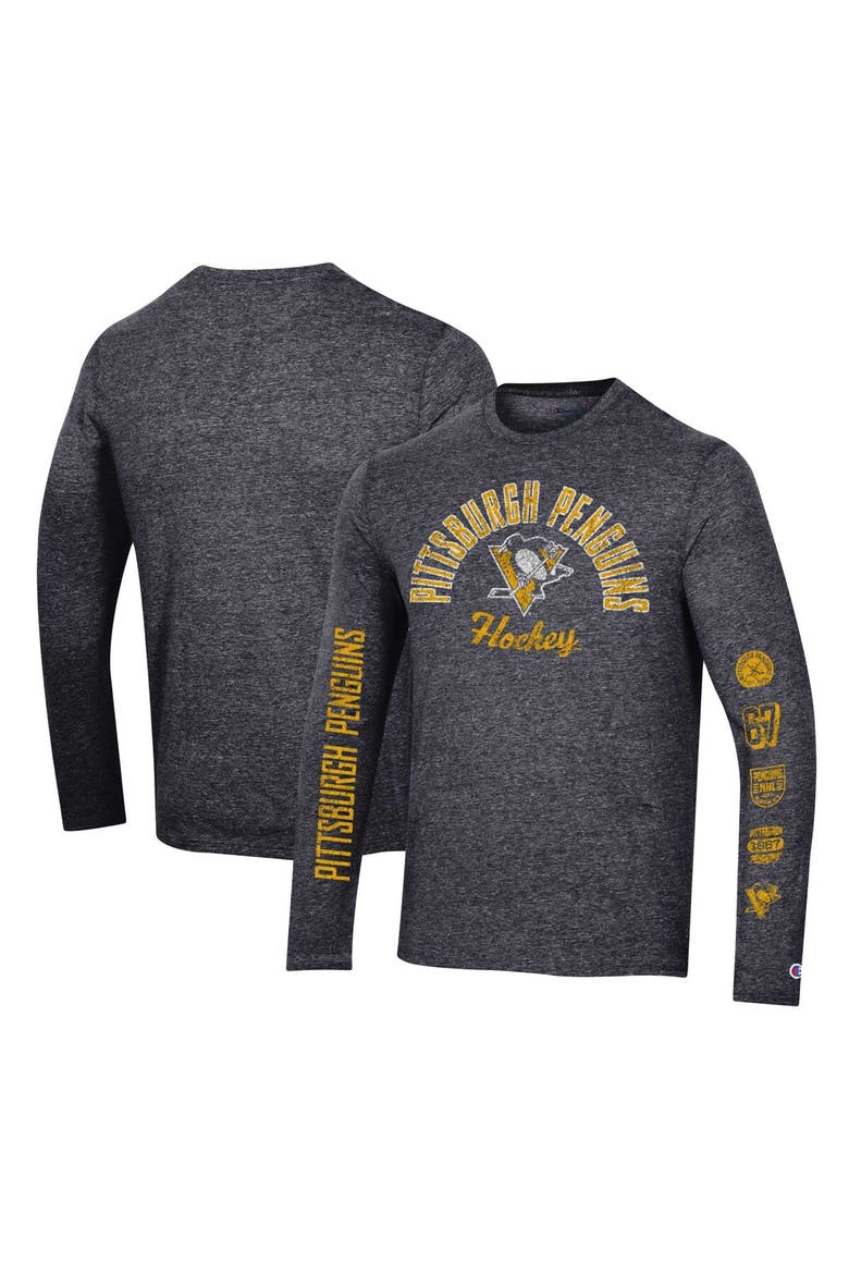 Men's Champion Heather Black Pittsburgh Penguins Multi-Logo Tri-Blend Long Sleeve T-Shirt, Main, color, Heather Black