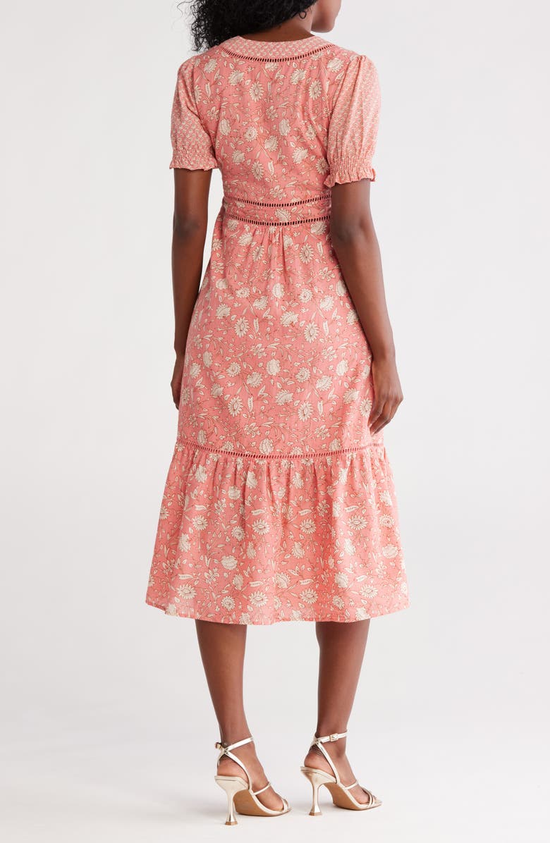 Maisie Puff Sleeve Midi Dress with Crochet Trim, Alternate, color, Coral 2 Tone Floral