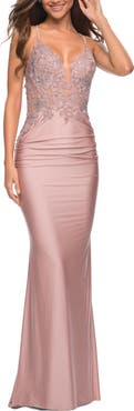 La Femme Prom Dress with Illusion Lace Bodice and Ruched Skirt