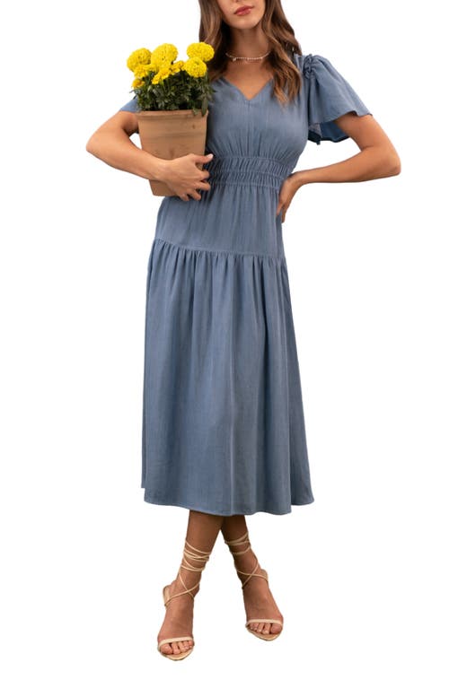 August Sky Flutter Sleeve Smocked Chambray Midi Dress In Chambray