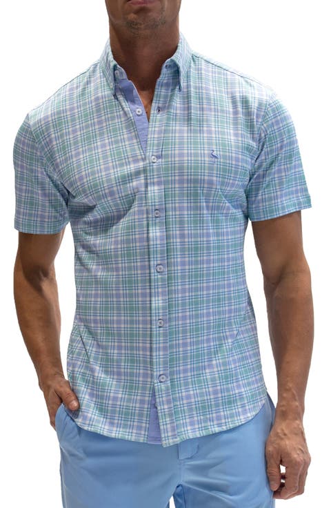 Plaid Short Sleeve Knit Button-Down Shirt
